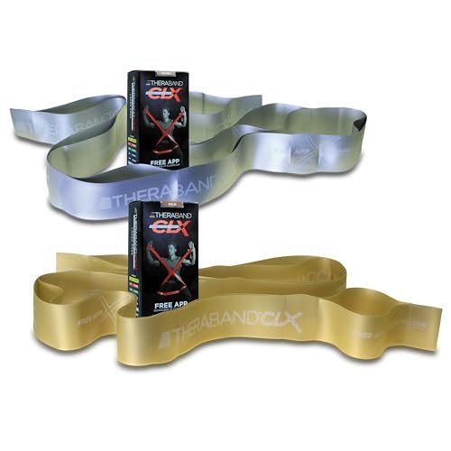 THERABAND CLX Resistance Band with Loops, 2 Pack Fitness Band for Home Exercise and Workouts, Portable Workout, Functionality for Athletes, 5’ Consecutive Loops, 2-Pack Super Heavy/Max, Silver-Gold