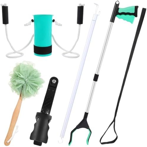 Domensi 6 Pcs Total Hip Kit with Leg Lifter Hip Back Knee Replacement Recovery Aid for Seniors Pregnant 32” Foldable Grabber Sock Assist Device No Bending Shoe Horn Dressing Stick Bath Sponge (Green)
