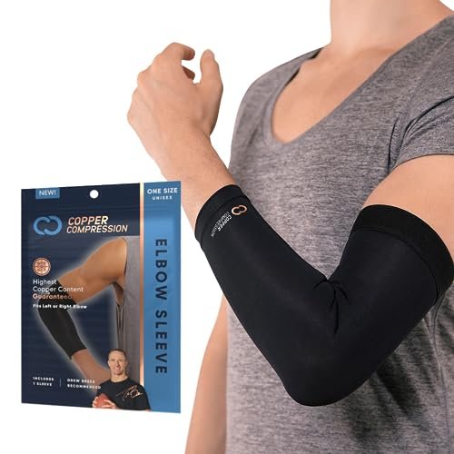 Copper Compression Elbow Sleeve – Copper Infused Orthopedic Brace for Tennis & Golfer Elbow, Tendonitis, Arthritis, Bursitis, Sore Joints & Muscles – Fits Men & Women -1 Sleeve – Original/Black – L