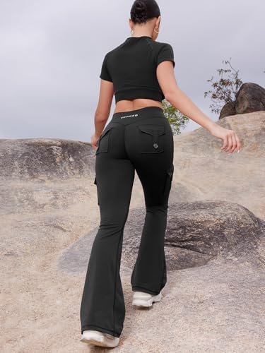 YEOREO Women Workout Flare Leggings with Pockets Hidden Scrunch Hedda High Waisted Cargo Gym Yoga No Front Seam Leggings - Image 4