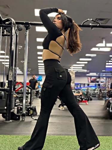 YEOREO Women Workout Flare Leggings with Pockets Hidden Scrunch Hedda High Waisted Cargo Gym Yoga No Front Seam Leggings - Image 2