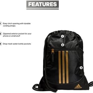 adidas Alliance Sackpack, Drawstring, Lightweight Small Gym Bag for Women, Soccer Backpack, Black/Gold Metallic/Black, One Size