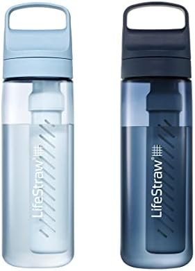 LifeStraw Go Series – BPA-Free Water Filter Bottle for Travel and Everyday use removes Bacteria, parasites and microplastics, Improves Taste, 22oz 2-Pack; Icelandic Blue and Aegean Sea