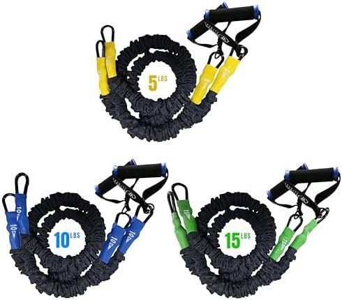 Valor Fitness Resistance Bands – 5lb to 25lbs – Carabiners Attached & 2 Bands per Weight Option with Handles– Sheath Covered – Strength Training New Compact 39″ Design – Wall Door Rack Mount Options