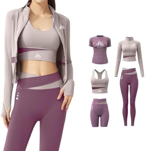 Women Activewear Gymwear Yoga Suit Athleisure Five Piece Set, T-Shirt, Jacket, Sports Bra, Leggings, Running Shorts