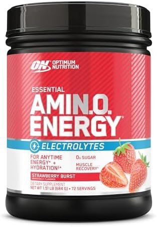 Optimum Nutrition Essential AMIN.O Energy & Electrolytes – Energy, Focus & Post-Workout Muscle Recovery – Strawberry Pre-Workout Electrolyte Powder Drink – Strawberry Burst, 1.51 lb (72 Servings)