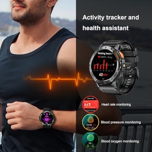 Military Smart Watches for Men with Flashlight, 170+ Sport Modes 1.43" AMOLED Screen, 530mAh Answer/Make Calls, Bluetooth for Android Phones and iPhone Compatible Heart Rate/SpO2/Sleep (Black) - Image 4