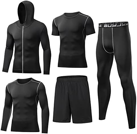 BUYJYA 5Pcs Men’s Compression Pants Shirt Top Long Sleeve Jacket Athletic Sets Gym Clothing Mens Workout