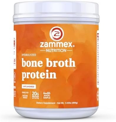 Zammex Pure Grass Fed Beef Bone Broth Protein Powder,20g Protein, Hydrolyzed Collagen Supplement for Healthy Skin,Nails,Hair,Joints, Non-GMO,Gluten Free,Paleo & Keto Friendly, Great in Soup
