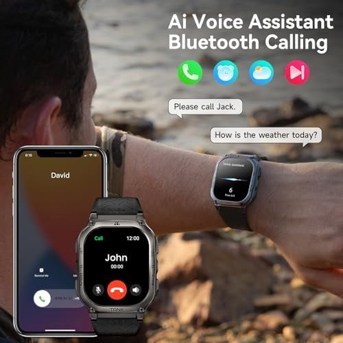 AMAZTIM Smart Watch, 60 Days Extra-Long Battery, 50M Waterproof, Rugged Military Bluetooth Call(Answer/Dial Calls), 2.0" Ultra Large HD Display, AI Voice Assistant (Shiny Black) - Image 3