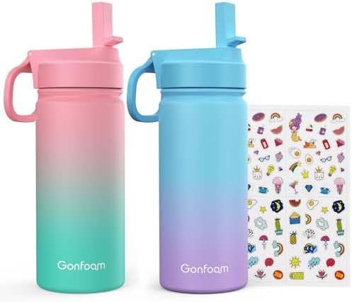Kids Water Bottle, 2-Pack 16oz Kids Water Bottle with Stickers for School, insulated Stainless Steel Straw Cup(Pink+Blue)