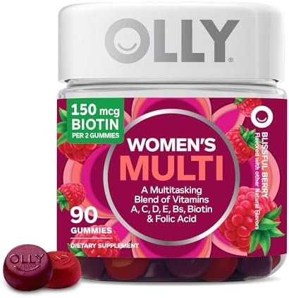 OLLY Women’s Multivitamin Gummy, Vitamins A, D, C, E, Biotin, Folic Acid, Adult Chewable Vitamin, Berry Flavor, 45 Day Supply – 90 Count
