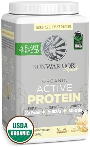 Sunwarrior Vegan Protein Powder Plant-Based USDA Organic BCAAs | Sugar, Gluten, Dairy Free Non-GMO | Vanilla Flavored 20 Servings | Sport Active