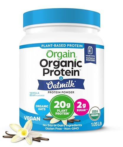 Orgain Organic Vegan Protein Powder + Oat Milk, Vanilla Bean – 20g Plant Based Protein, Gluten Free, No Dairy, Soy or Lactose Ingredients, Low Sugar, Non-GMO, Kosher, For Shakes & Smoothies – 1.05lb
