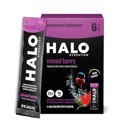 HALO Hydration – Electrolyte Drink Mix | Hydration Powder Packets | Berry Flavor – For Sports and Cycling | Easy Open Single Serving Stick | 6 Sticks