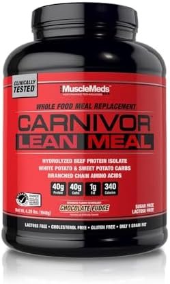 MuscleMeds CARNIVOR LEAN MEAL whole food meal replacement shake, MRE, beef protein isolate, white potato, sweet potato, 40g protein, 40 g carbs, lactose free, sugar free, Chocolate Fudge 20 servings