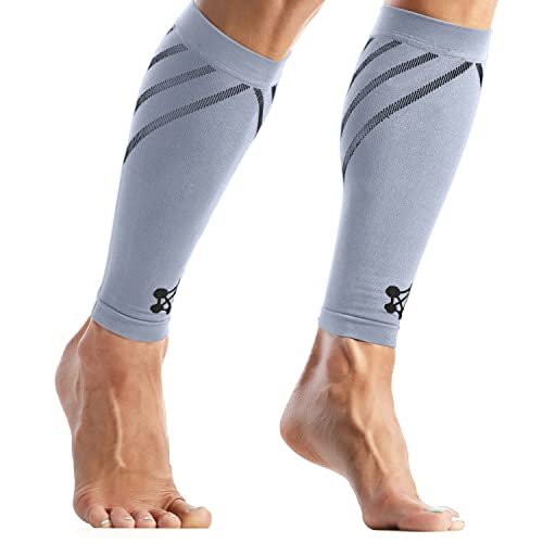 CopperJoint Running Calf Compression Sleeve Women – Easy-On Footless Calf Compression Sleeves for Men, Support Mens Leg Sleeves for Runners, Basketball, Sports, Copper Infused Nylon – Grey, Large