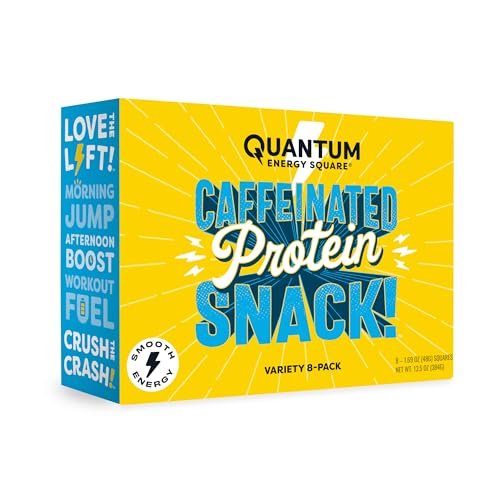 Quantum Energy Square – Energy Bar with Caffeine & 10g Protein, Healthy Snack On the Go – Vegan, Gluten-Free, Soy & Dairy-Free – Variety 8 Pack
