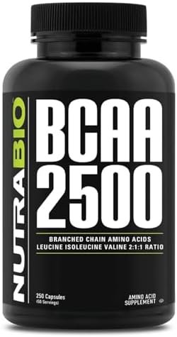 NutraBio – BCAA 2500 – Branched Chain Amino Acids – Support New Muscle Growth and Prevent Muscle Breakdown – 250 Capsules