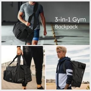 Gym Bag for Men with Shoes Compartment and Wet Pocket Convertible Duffle Bag and Gym Backpack Waterproof Sports Bags for Men with 2 Bottle Holders Multipurpose Weekender Overnight Bag -Black