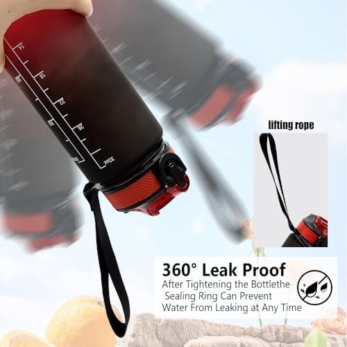 32oz Sports Water Bottle Outdoor, with Drinking Time and Capacity Labels, Sport Water Cups with Straw,BPA Free Leak Proof,for Fitness Gym Running Climbing(32oz Black red) - Image 4