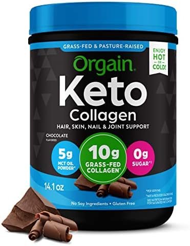 Orgain Keto Collagen Protein Powder, Chocolate – 10g Grass Fed Hydrolyzed Collagen Peptides for Women & Men, Type I & III, 5g MCT Oil – Hair, Skin, Nail, & Joint Support, Non-GMO, Gluten Free – 0.88lb