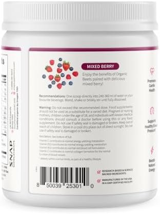 Snap Supplements Organic Beet Root Powder, Nitric Oxide Superfood Supplement with Beets, B Vitamins, Pomegranate & Red Spinach for Energy, Heart Health & Circulation Support, 30 Servings, Mixed Berry - Image 9