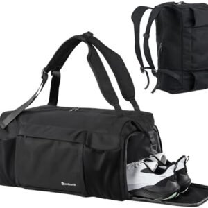 Gym Bag for Men with Shoes Compartment and Wet Pocket Convertible Duffle Bag and Gym Backpack Waterproof Sports Bags for Men with 2 Bottle Holders Multipurpose Weekender Overnight Bag -Black