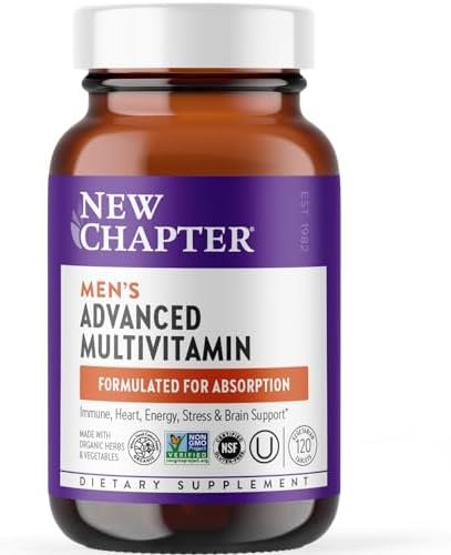 New Chapter Men’s Multivitamin Advanced Formula for Stress, Brain, Immune, Heart & Energy Support, Higher Levels of Whole-Food Fermented Essential Nutrients for Men + Selenium + B Vitamins, 120 ct