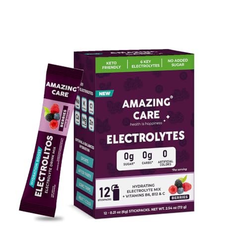 Amazing Care Sugar Free Electrolytes Powder Packets for Optimal Hydration – Wild Berry Flavor 12 Sticks