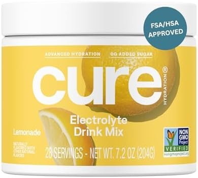Cure Hydration | Plant-Based Electrolyte Drink Mix | No Added Sugar | FSA & HSA | Dehydration Relief Powder Made with Coconut Water | Non-GMO | Vegan | 28 Servings Jar – Lemonade