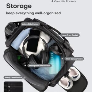 HOTOR Gym Bag for Men and Women – Travel Duffle Bag with Shoe Compartment and Waterproof Pocket, Carry on Luggage with Trolley Sleeve for Sports, Weekend Trips, Black, 19.7″ × 9.8″ × 11.8″