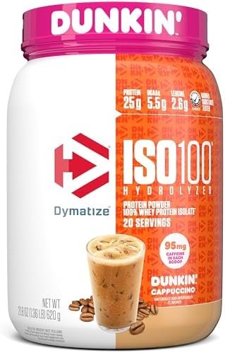 Dymatize x Dunkin’ Cappuccino ISO100 Whey Protein Powder, 95mg Caffeine, 25g of Protein, 20 Servings, 5.5g BCAAs, 120 Cal., Gluten Free, 1g Fat, 1g Sugar, 2g Carb