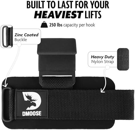 DMoose Fitness Weight Lifting Hooks for Men & Women (Pair) - 8 mm Thick Wrist Padding - Weight Grips for Powerlifting, Shrugs, Rows & Deadlift Support - Gym Lifting Straps with Pull Up Hooks - Image 4