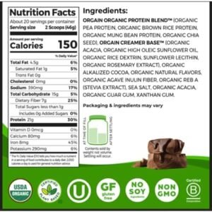 Orgain Organic Vegan Protein Powder, Creamy Chocolate Fudge – 21g Plant Protein, 6g Prebiotic Fiber, Low Net Carb, No Lactose Ingredients, No Added Sugar, Non-GMO, For Shakes & Smoothies, 2.03 lb