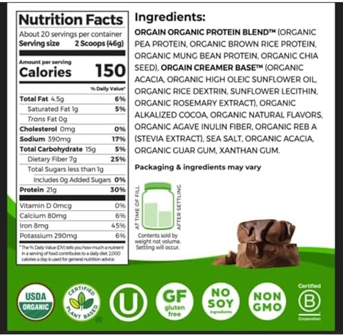 Orgain Organic Vegan Protein Powder, Creamy Chocolate Fudge - 21g Plant Protein, 6g Prebiotic Fiber, Low Net Carb, No Lactose Ingredients, No Added Sugar, Non-GMO, For Shakes & Smoothies, 2.03 lb - Image 2