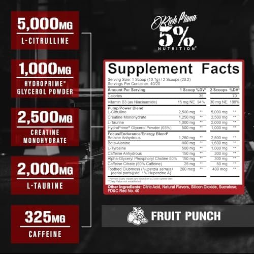 5% Nutrition Rich Piana Kill It Pre Workout Powder w/Creatine, Caffeine, Beta Alanine, Hydroprime Glycerol for Pump, Strength, Endurance | 14.25 oz, 40 Srvgs (Fruit Punch) - Image 2