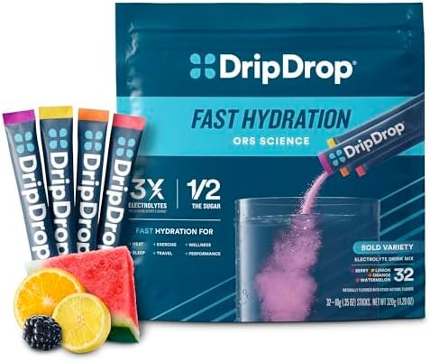 DripDrop Hydration Packets – Bold Variety Pack – Single Serve Electrolytes Powder Drink Mix – Watermelon, Berry, Lemon, Orange – Non-GMO, Gluten Free, Vegan – 32 Sticks