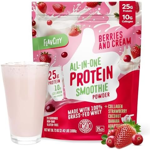 FlavCity Protein Powder Smoothie, Berries & Cream – 100% Grass-Fed Whey with Collagen (25g of Protein) – Gluten Free & No Added Sugars (38.73 oz)