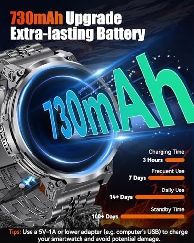 1.85" Big Screen Military Smart Watch for Men with Flashlight, 730mAh Large Battery, IP68 Waterproof, Bluetooth Calling, 114 Sports Modes, Heart Rate/Sleep Monitor for iOS Android - Image 3