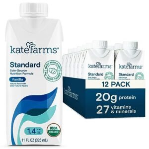 KATE FARMS Organic Vegan Plant Based 1.4 Sole-Source Nutrition Shake, Vanilla Flavor, 20g of protein, 28 Vitamins and Minerals, High Calorie Meal Replacement Drink, Protein Shake, Gluten Free and Non-GMO, 11 Fl oz (Pack of 12)