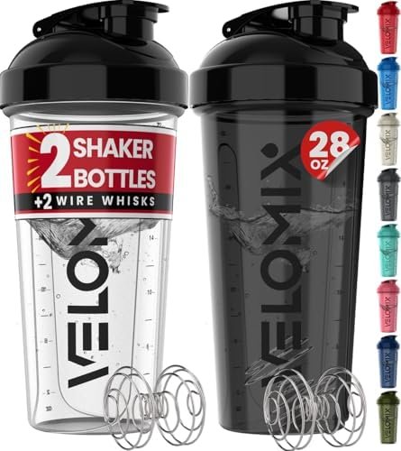 -2 Pack- 28 oz Protein Shaker Bottles for Protein Mixes – 2x Wire Whisk | Leak Proof Shaker Cups for Protein Shakes | Protein Shaker Bottle Pack | Shakers for Protein Shakes-Black&Transparent