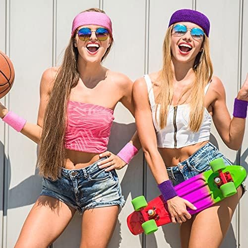 SATINIOR 8 Sets 80s Sweat Band and Wristband Sports Neon Headbands Exercise Sweatbands Gym Sports Wristbands for Men Women Sports Activities - Image 7