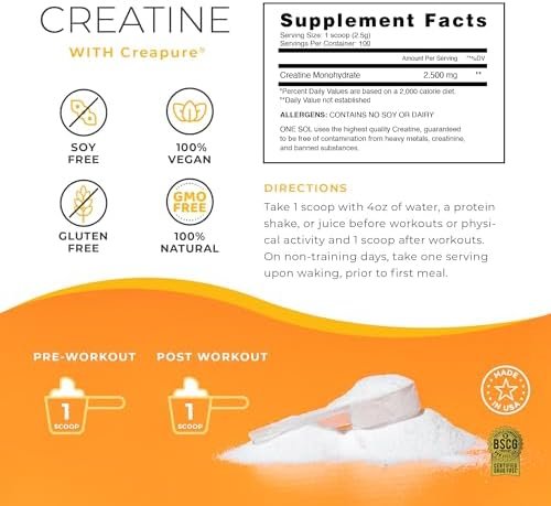 One Sol Creatine for Women Booty Gain, All Natural Women's Creatine Powder with Creapure, Increase Lean Muscle Mass, Reduce Recovery Time, Promotes Brain & Bone Health (Unflavored, 100 Servings) - Image 3