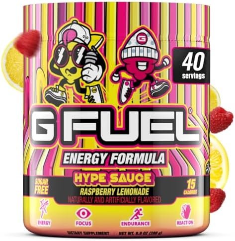 G Fuel Hype Sauce Energy Drink Powder, Pre Workout Caffeine Mix for Gaming, Sugar Free Focus Amino, Vitamin + Antioxidants, 9.9oz (Raspberry Lemonade, 40 Servings)
