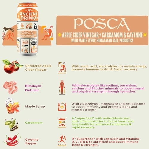 ANCIENT DRINKS Apple Cider Vinegar Beverage with Electrolytes, Vitamins, & Probiotics, Organic, Super-Hydrating Sports Drink - Mixed Pack (Posca, Switchel, Sekanjabin) - 16 fl oz (12 cans) - Image 7