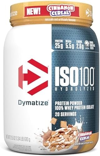 Dymatize ISO100 Whey Protein Powder Isolate, Cinnamon Cereal, 25g of Protein, 20 Servings, 5.5g BCAAs, Less Than 120 Cal., Gluten Free, 1g Fat, 1g Sugar, 2g Carb