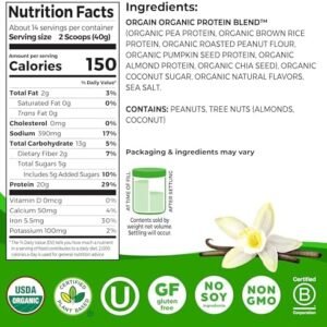 Orgain Organic Simple Vegan Protein Powder, Vanilla – 20g Plant Based Protein, Made with less Ingredients, No Artificial Sweeteners, Gluten Free, No Dairy or Lactose, 1.25 lb (Packaging May Vary)