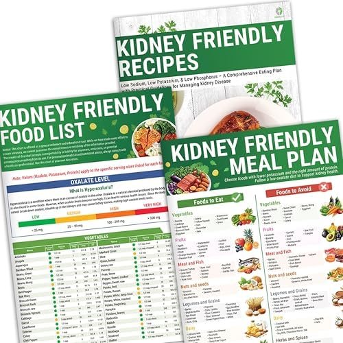 HAMIEW Set 3 Kidney Friendly Food List Chart, Kidney Disease Diet Meal Plan, Recipes Support, Hyperoxaluria, Oxalate Level, Low Sodium Potassium Phosphorus for CKD, Dialysis, Manage Hypertension