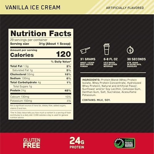 Optimum Nutrition Gold Standard 100% Whey Protein Powder, Vanilla Ice Cream, 2 Pound (Packaging May Vary) - Image 4